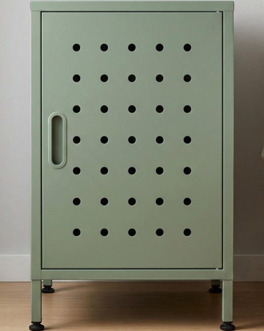 Zndwk Perforated Steel Bedside Cabinet with One Door Sage - Lifestyle view