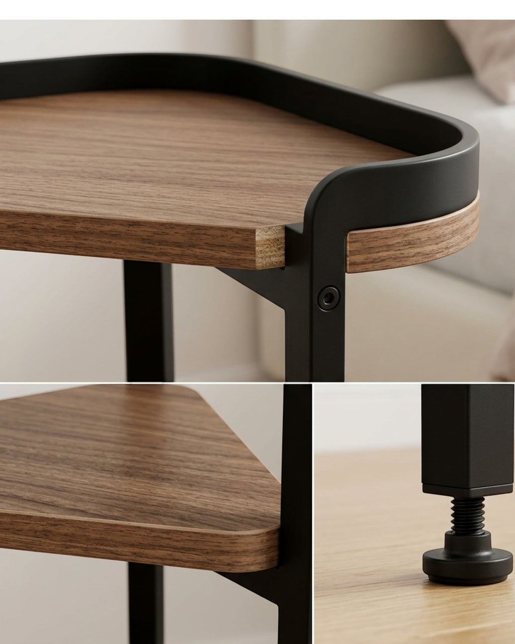 Zndwk Triangular Two-Tier Corner Bedside Table Walnut Black - Detail view